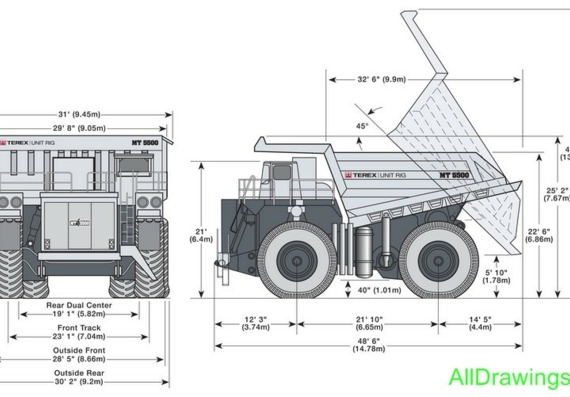 Terex MT 5500 (Карьерный самосвал 360 тонн) чертежи (рисунки) грузовика